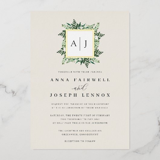 Greenhouse Monogram | Groen botanisch huwelijk Folie Uitnodiging (Voorkant)