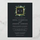 Greenhouse Monogram | Groen botanisch huwelijk Folie Uitnodiging (Voorkant)