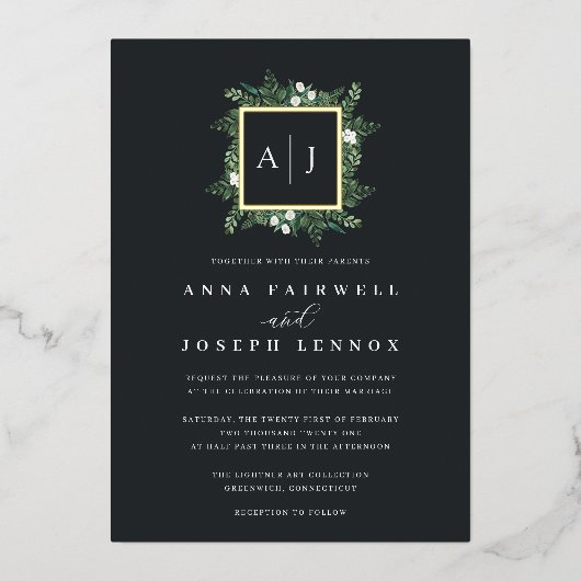 Greenhouse Monogram | Groen botanisch huwelijk Folie Uitnodiging (Voorkant)