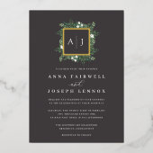 Greenhouse Monogram | Groen botanisch huwelijk Folie Uitnodiging (Voorkant)