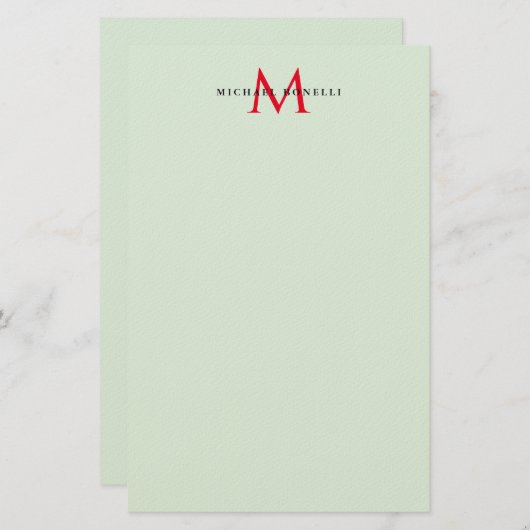 Greenish Grey & Red Monogram Modern Minimalist Briefpapier (Voorkant / Achterkant)