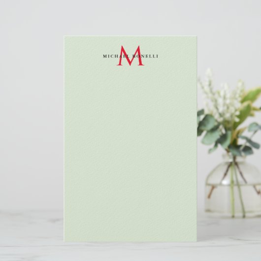 Greenish Grey & Red Monogram Modern Minimalist Briefpapier (Staand voorkant)