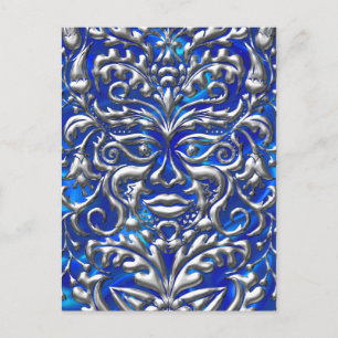 GreenMan vloeibaar zilver demask op blue satin pri Briefkaart