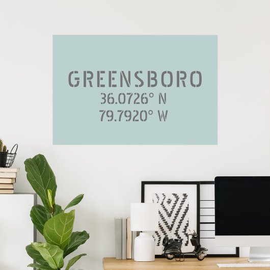 Greensboro NC Latitude en Longitude Coordinates Poster (Thuiskantoor)