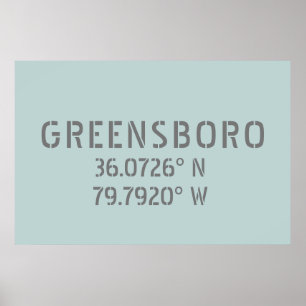 Greensboro NC Latitude en Longitude Coordinates Poster