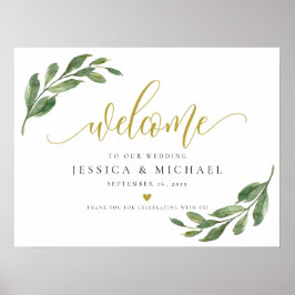 Greeny Leaf calligraphy Welcome Wedding Sign Poster