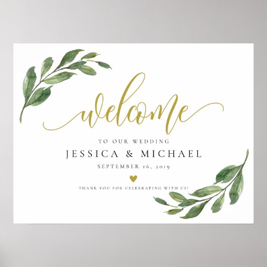 Greeny Leaf calligraphy Welcome Wedding Sign Poster (Voorkant)