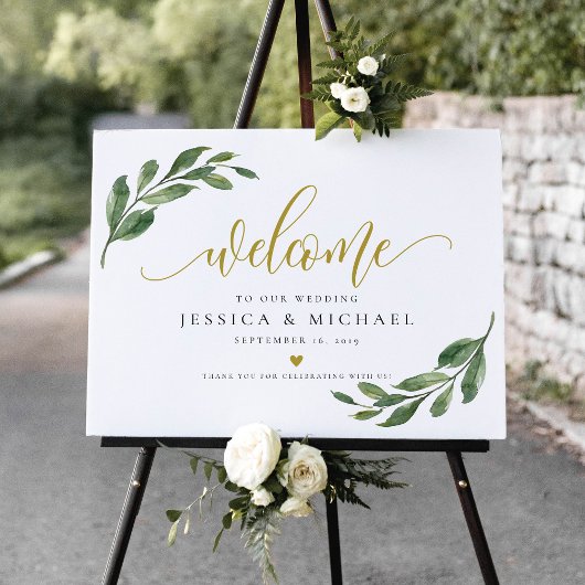 Greeny Leaf calligraphy Welcome Wedding Sign Poster