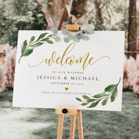 Greeny Leaf calligraphy Welcome Wedding Sign Poster