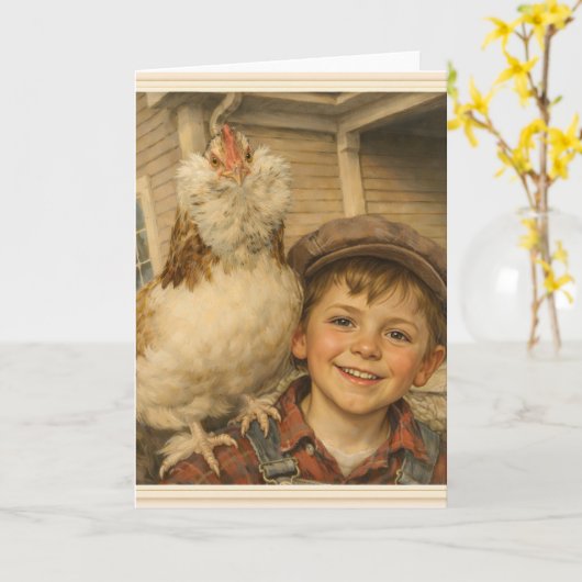 Greeting Card -Cute Boy With Chicken Kaart (Gele Bloem)