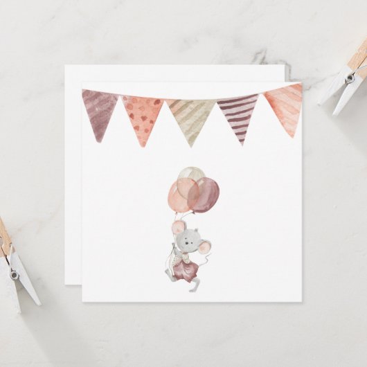 Greeting Card - Little Mouse With Balloons Kaart (Voorkant / Achterkant in situ)