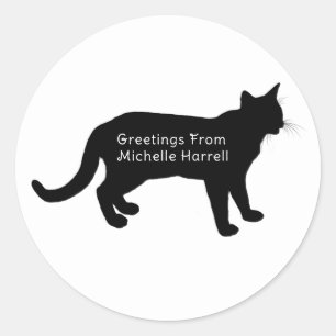 Greeting from Personalized Black Silhouette Cat Ronde Sticker