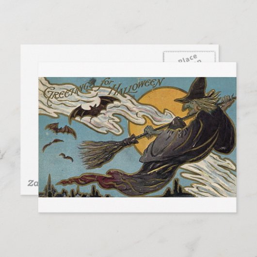 Greetings for Halloween Flying Witch and Bats Briefkaart (Voorkant / Achterkant)