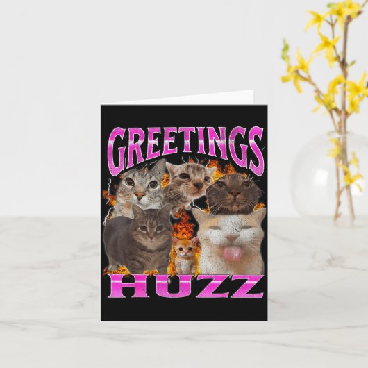 Greetings Huzz Funny Cat Meme Bootleg Graphic Men  Kaart (Gele Bloem)