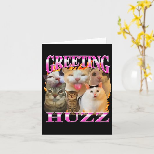 Greetings Huzz Funny Cat Meme Bootleg Graphic Men  Kaart (Gele Bloem)