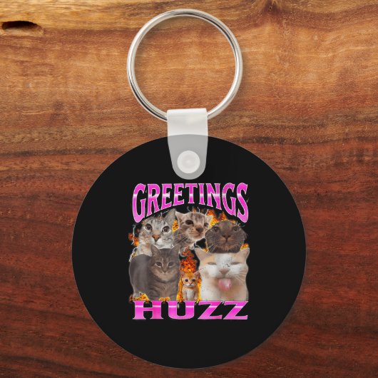 Greetings Huzz Funny Cat Meme Bootleg Graphic Men Sleutelhanger (Voorkant)