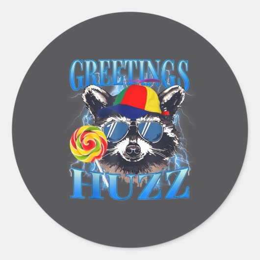 Greetings Huzz Raccoon Meme Chaos Humor Vibes  Ronde Sticker (Voorkant)