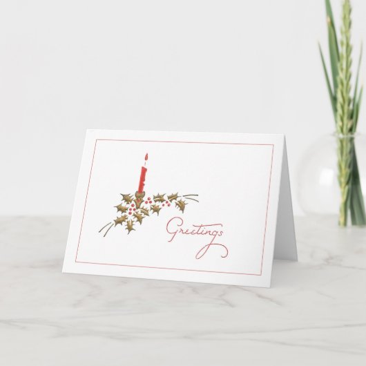 Greetings Red Candle Holly-kerstminimalist Feestdagen Kaart (Voorkant)