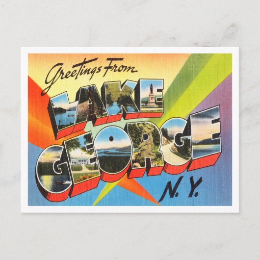 Greetings uit Lake George, New York Travel Briefkaart (Voorkant)