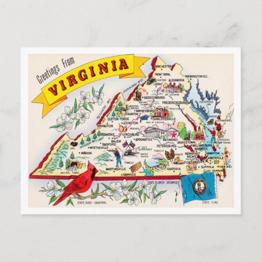 Greetings uit Virginia Map Vintage Travel Briefkaart (Voorkant)