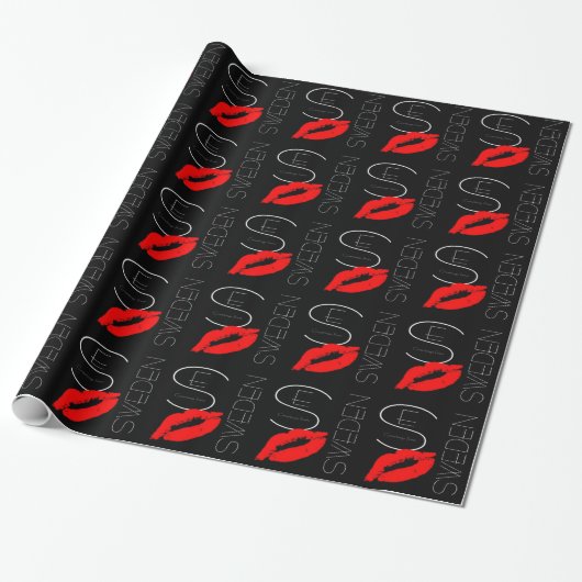 Greetings uit Zweden Red Lipstick Kiss Black Cadeaupapier (Uitgerold)