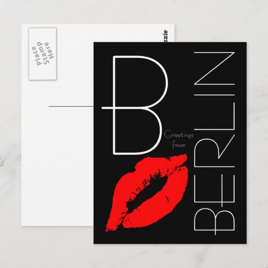 Greetings van Berlin Red Lipstick Kiss Black Briefkaart (Voorkant / Achterkant)