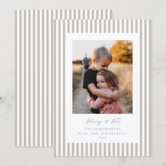 Greige/Beige Stripes Glory to God Flat Photo Feestdagenkaart (Voorkant / Achterkant)