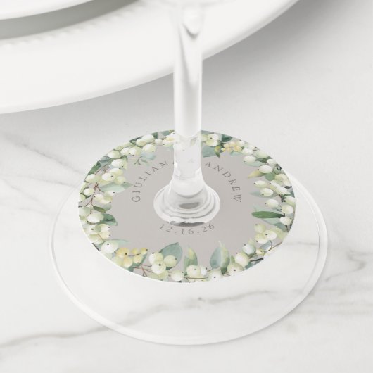 Greige/Cream Sneeuwbes & Eucalyptus Winter Bruilof Wijnglaslabel (Dichtbij)