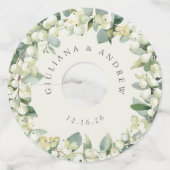 Greige/Cream Sneeuwbes & Eucalyptus Winter Bruilof Wijnglaslabel (Achterkant)