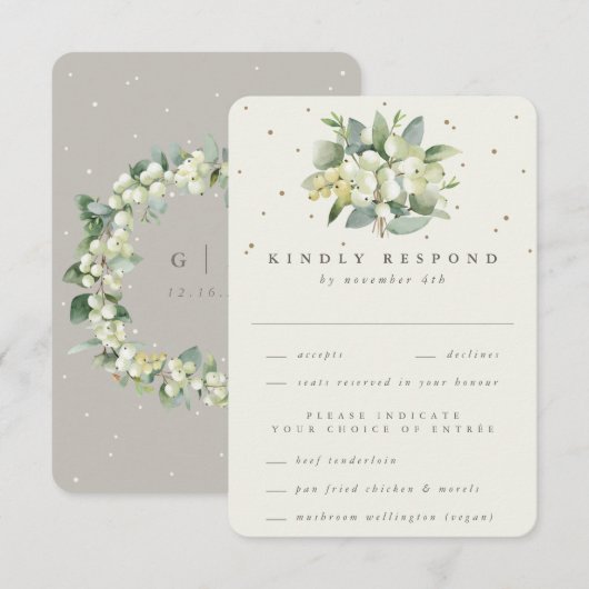 Greige/Cream Snowberry+Eucalyptus Boeket Bruiloft RSVP Kaartje (Voorkant / Achterkant)