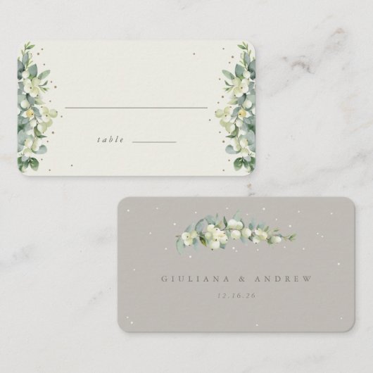 Greige/Cream Snowberry+Eucalyptus Bruiloft Flat Plaatskaartje (Voorkant / Achterkant)