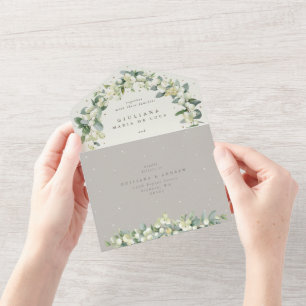Greige/Cream Snowberry+Eucalyptus Winterbruiloft All In One Uitnodiging