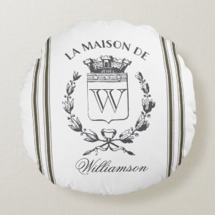 Greige Grain Sack Custom Family Crest Round Pillow Rond Kussen