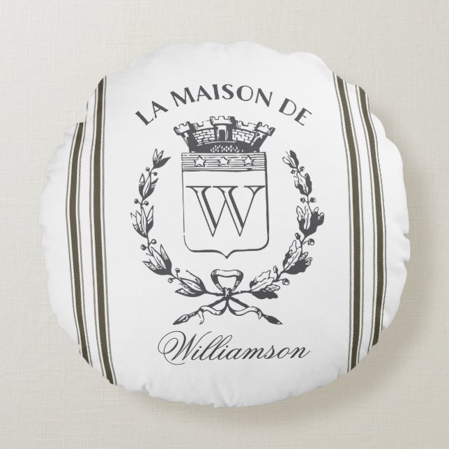 Greige Grain Sack Custom Family Crest Round Pillow Rond Kussen (Voorkant)