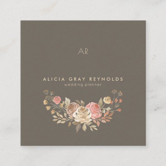 Greige Monogram Roos Gouden Bloemen Bruiloft Plann Vierkante Visitekaartje (Voorkant)