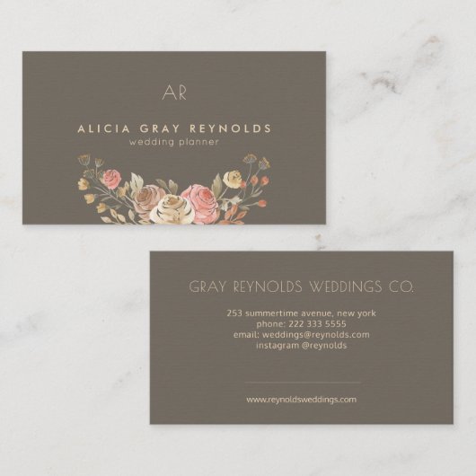Greige Monogram Roos Gouden Bloemen Bruiloft Plann Visitekaartje (Voorkant / Achterkant)