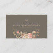 Greige Monogram Roos Gouden Bloemen Bruiloft Plann Visitekaartje (Voorkant)