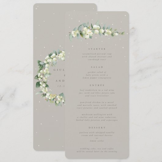 Greige Snowberry+Eucalyptus 4 gangen Bruiloft Flat Menu (Voorkant / Achterkant)