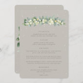 Greige Snowberry + Eucalyptus 4 gangen bruiloft Menu (Voorkant / Achterkant)