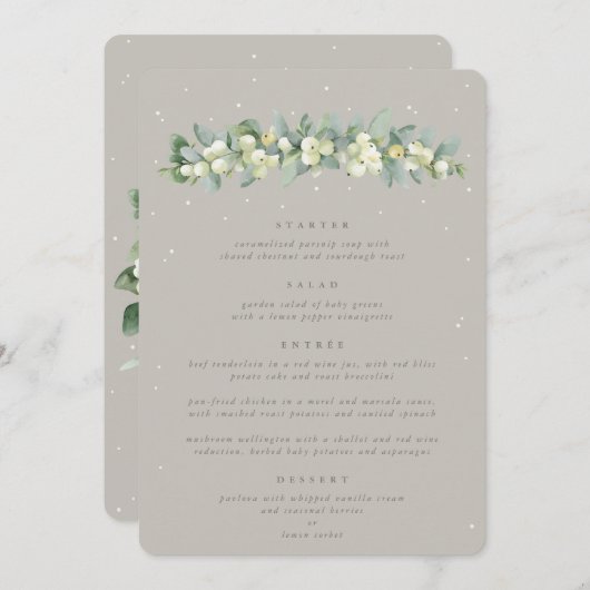Greige Snowberry + Eucalyptus 4 gangen bruiloft Menu (Voorkant / Achterkant)