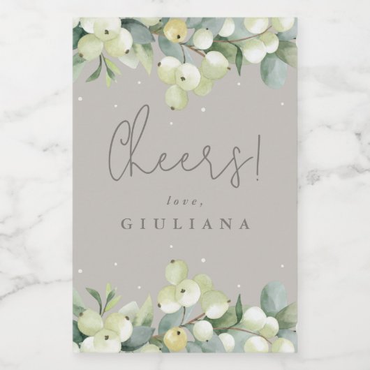 Greige Snowberry+Eucalyptus Bachelorette Mini Wijn Etiket (Enkel label)