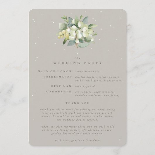 Greige Snowberry+Eucalyptus Boeket Winter Bruiloft Programmakaart (Achterkant)