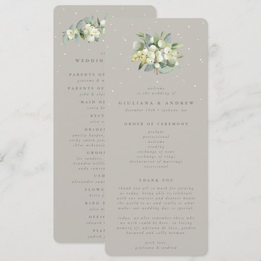 Greige Snowberry+Eucalyptus Boeket Winter Bruiloft Programmakaart (Voorkant / Achterkant)