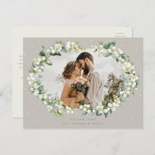 Greige Snowberry + Eucalyptus bruiloft dank u Briefkaart (Voorkant / Achterkant)