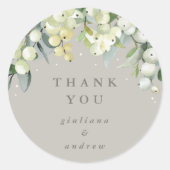 Greige Snowberry + Eucalyptus bruiloft dank u Ronde Sticker (Voorkant)