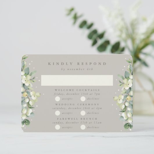 Greige Snowberry+Eucalyptus Bruiloft Multi-Event RSVP Kaartje (Staand voorkant)