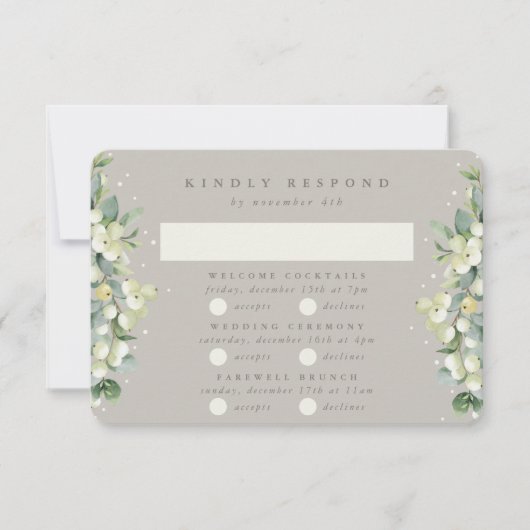 Greige Snowberry+Eucalyptus Bruiloft Multi-Event RSVP Kaartje (Voorkant)