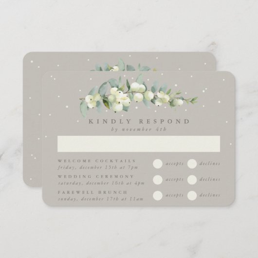 Greige Snowberry+Eucalyptus Bruiloft Multi-Event RSVP Kaartje (Voorkant / Achterkant)