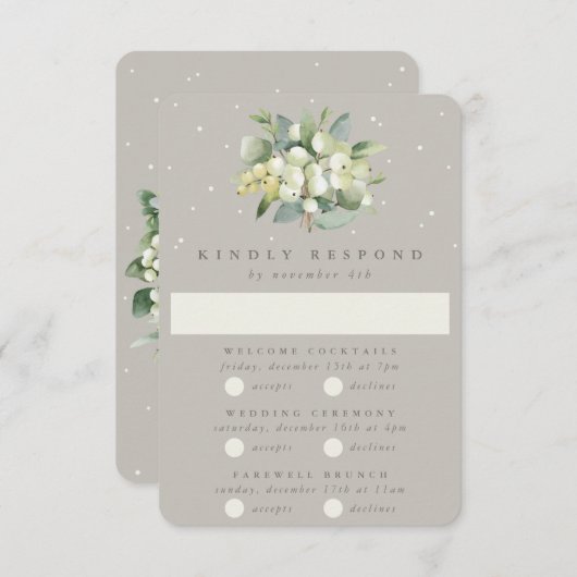 Greige Snowberry+Eucalyptus Bruiloft Multi-Event RSVP Kaartje (Voorkant / Achterkant)