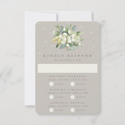 Greige Snowberry+Eucalyptus Bruiloft Multi-Event RSVP Kaartje (Voorkant)